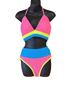 Pink Lily Women’s Medium Pink & Blue Colorblock One-Piece Swim Set